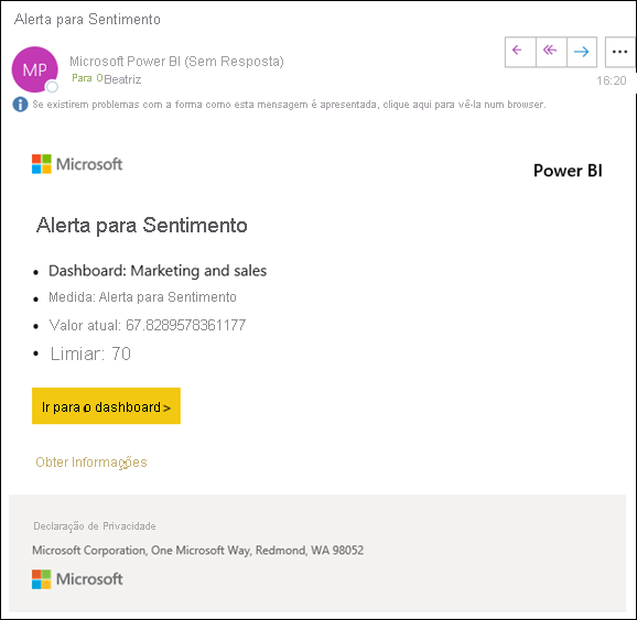 Captura de ecrã a mostrar uma mensagem de correio eletrónico para o alerta de Alerta de Sentimento. Um link na mensagem é rotulado Ir para o painel.