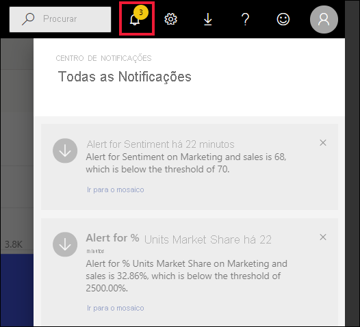 Captura de tela mostrando a Central de notificações, com o ícone de notificação destacado e algumas notificações visíveis.