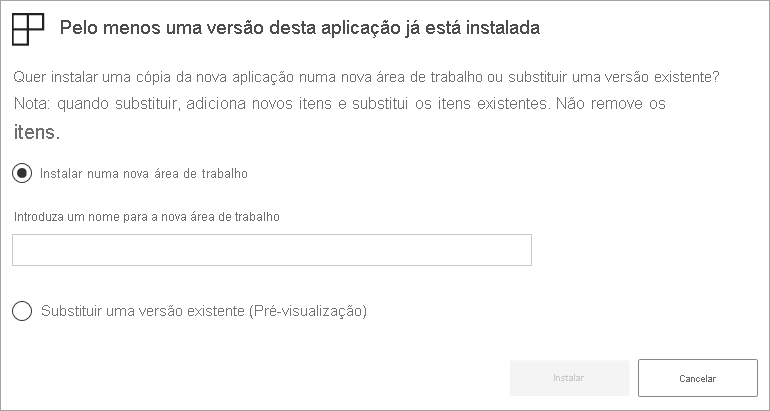 Captura de ecrã da caixa de diálogo Atualizar aplicação. A opção chamada atualizar o espaço de trabalho e o aplicativo é selecionada.