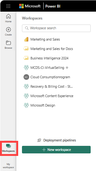 Captura de ecrã do Power BI com Espaços de Trabalho selecionados.