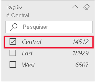 Captura de ecrã do filtro Região expandida e a opção Central selecionada.