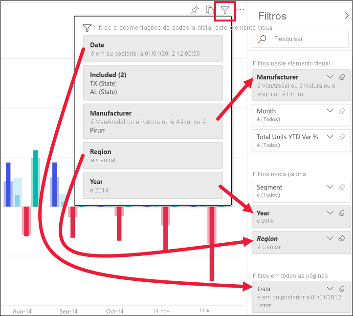 Captura de ecrã de um pop-up com todos os filtros numerados para corresponder ao filtro correspondente no painel Filtro.