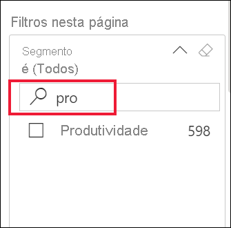 Captura de ecrã de um filtro expandido com a caixa de pesquisa selecionada.