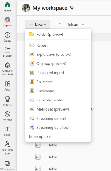 Captura de tela mostrando a seleção do menu Mais opções em uma lista de espaços de trabalho.