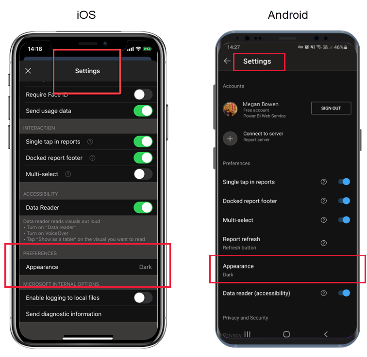 Captura de ecrã das definições de aparência das aplicações Power B I iOS e Android.