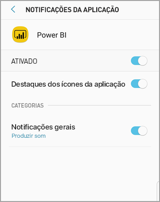 Screenshot shows an Android phone screen titled Power B I where you can allow and manage notifications.