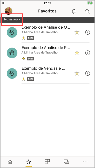 Captura de ecrã que mostra a aplicação móvel Power BI com a mensagem 'Sem rede'.