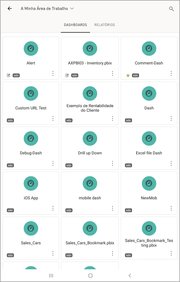 A captura de tela mostra uma tela de tablet Android com Meu espaço de trabalho com DASHBOARDS selecionado.