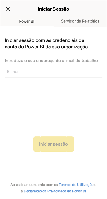 Iniciar sessão na aplicação móvel Power BI