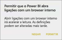 Captura de tela de uma caixa de diálogo, mostrando para permitir que o Power B I abra links com o navegador interno.