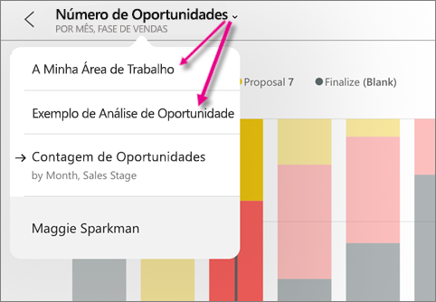 Captura de tela de um painel, mostrando ponteiros para Meu Espaço de Trabalho e Exemplo de Análise de Oportunidade.