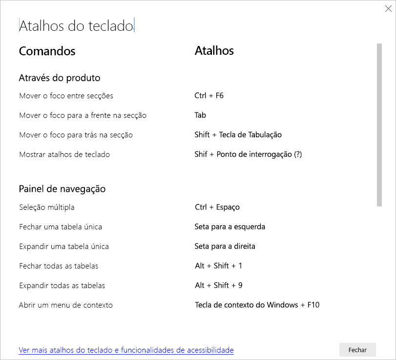 Captura de ecrã dos atalhos de teclado no Power BI Desktop.