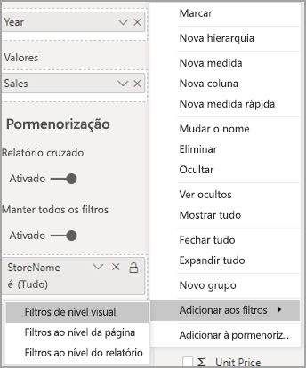 Screenshot of the options menu, highlighting Add to filters and Visual-level filters.