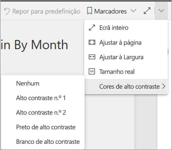 Captura de ecrã do serviço Power BI no modo de edição, realçando as cores Vista e Alto contraste.