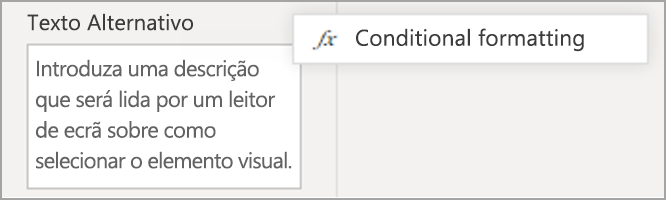 Captura de ecrã do painel de texto Alt, realçando o ícone de formatação condicional.