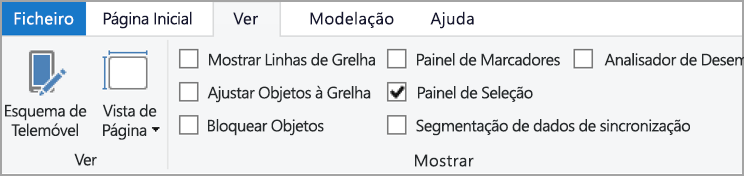 Captura de ecrã do separador Ver no friso, realçando Seleção.