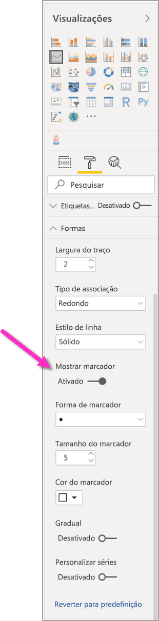 Captura de ecrã do painel Visualizações com Marcadores ativados.