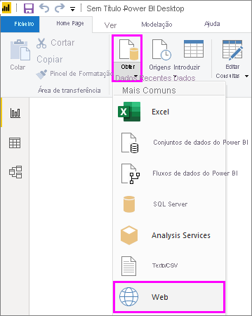 Captura de ecrã do Power BI Desktop, realçando a seleção Web no menu pendente Obter Dados.