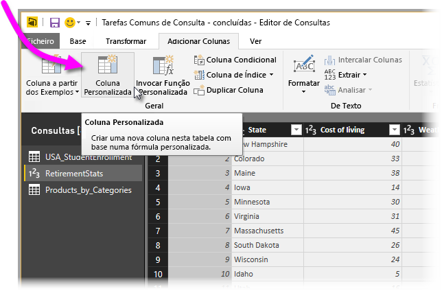 Captura de ecrã do Editor do Power Query com a Coluna Personalizada realçada.