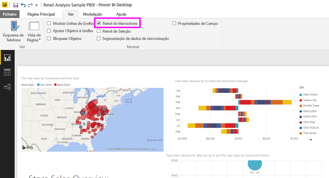 Captura de ecrã a mostrar como ativar o painel Marcadores no Power BI Desktop.