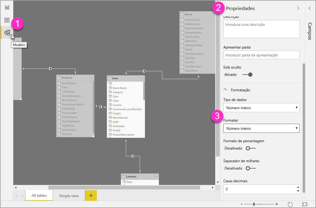 Captura de ecrã do painel Propriedades, realçando o menu Formatar.