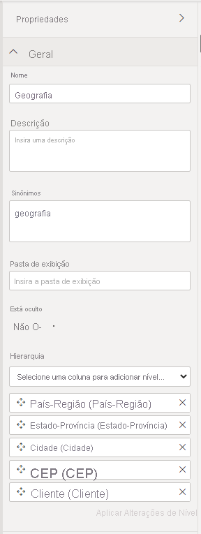 Captura de ecrã do painel Propriedades da Hierarquia.
