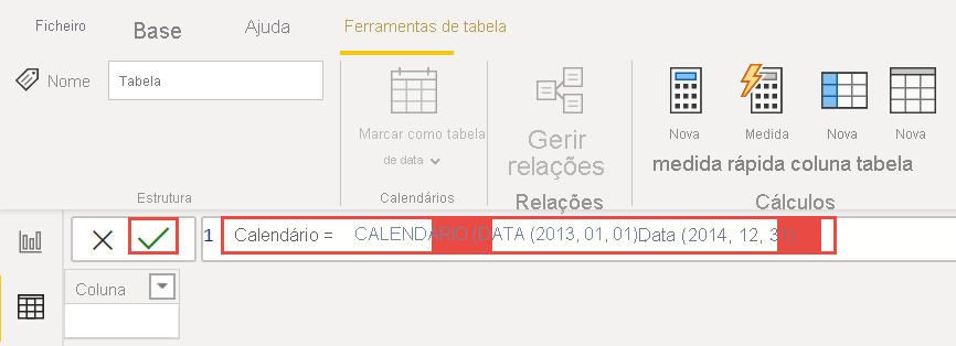 Captura de ecrã do Calendário de expressões DAX.