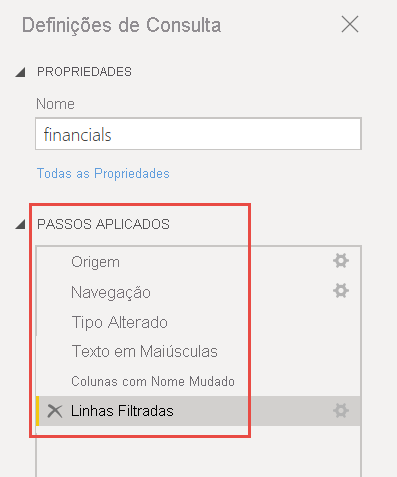 Captura de ecrã da lista de passos aplicados.