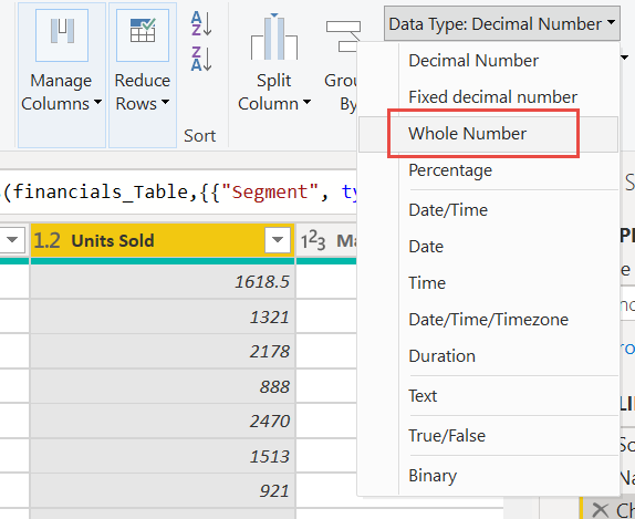 Captura de ecrã a mostrar a alteração de um número decimal para um número inteiro.