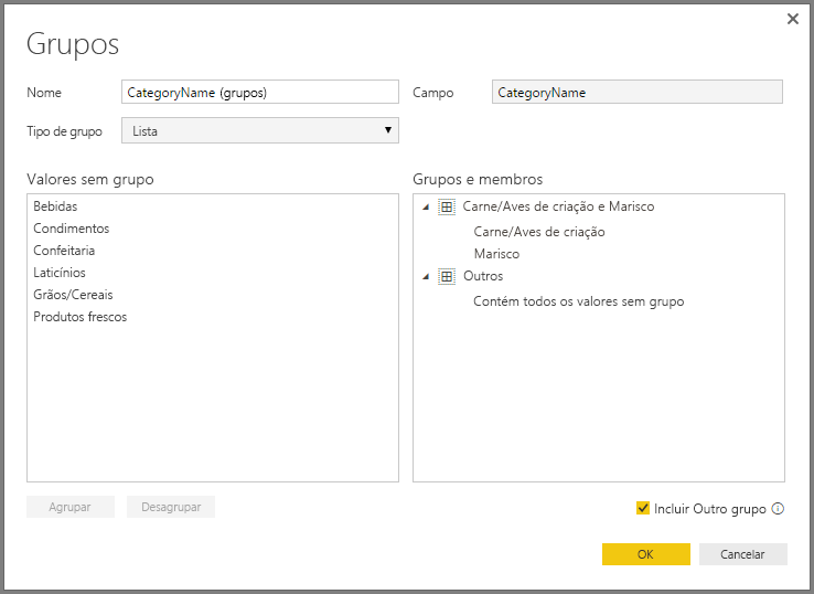 Captura de ecrã da caixa de diálogo Grupos, mostrando valores de exemplo adicionados à secção Grupos e membros.