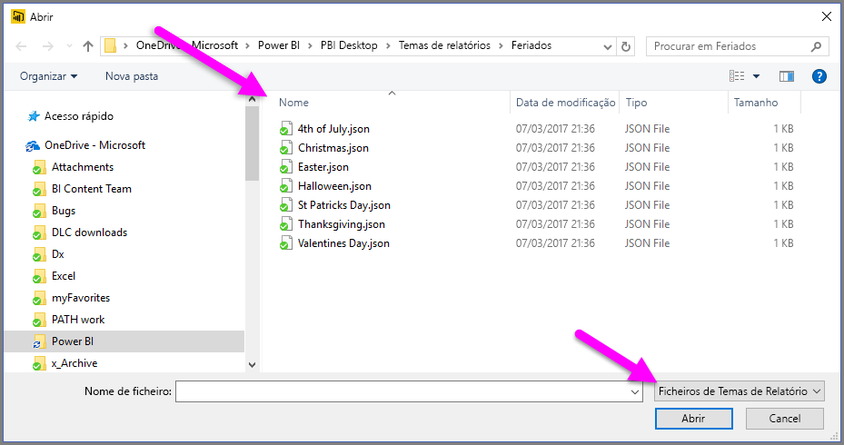 Captura de tela da caixa de diálogo listando arquivos JSON do tema de férias.