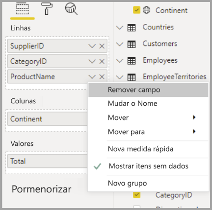 Captura de ecrã do menu de campos, realçando Mostrar itens sem dados no menu de atalho SupplierID.