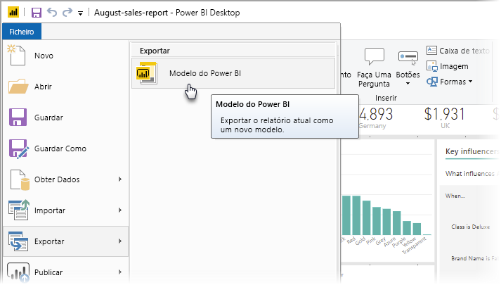 Captura de ecrã do Power BI Desktop, a mostrar as opções de Exportação.