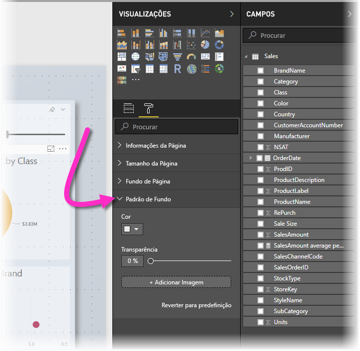 Captura de tela do painel Visualizações, destacando a opção Papel de parede.