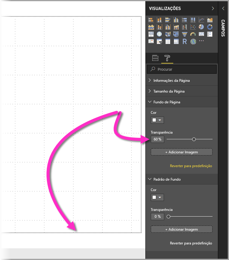 Captura de tela do painel Visualizações, destacando as configurações de plano de fundo do Canvas para uma borda pontilhada com uma transparência maior que 50%.