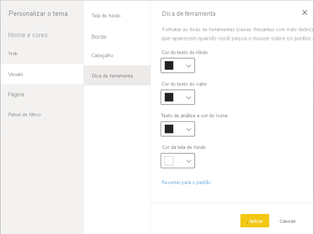 Captura de tela da caixa de diálogo Personalizar tema, mostrando personalizações de dica de ferramenta.