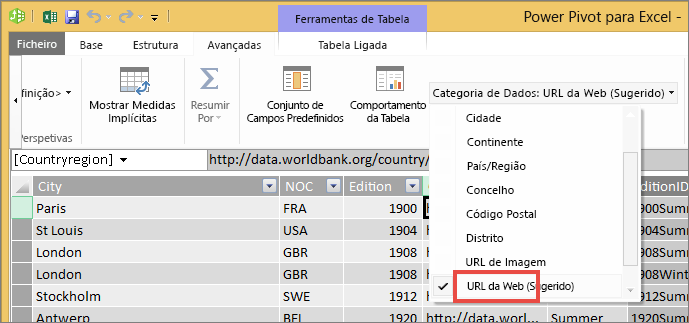 Lista suspensa de categoria de dados no Excel