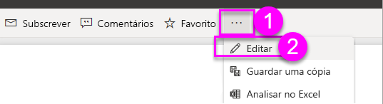 Captura de ecrã a mostrar onde encontrar a opção de editar relatório no friso.