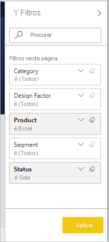 Captura de ecrã do painel Filtros, mostrando os filtros aplicados.