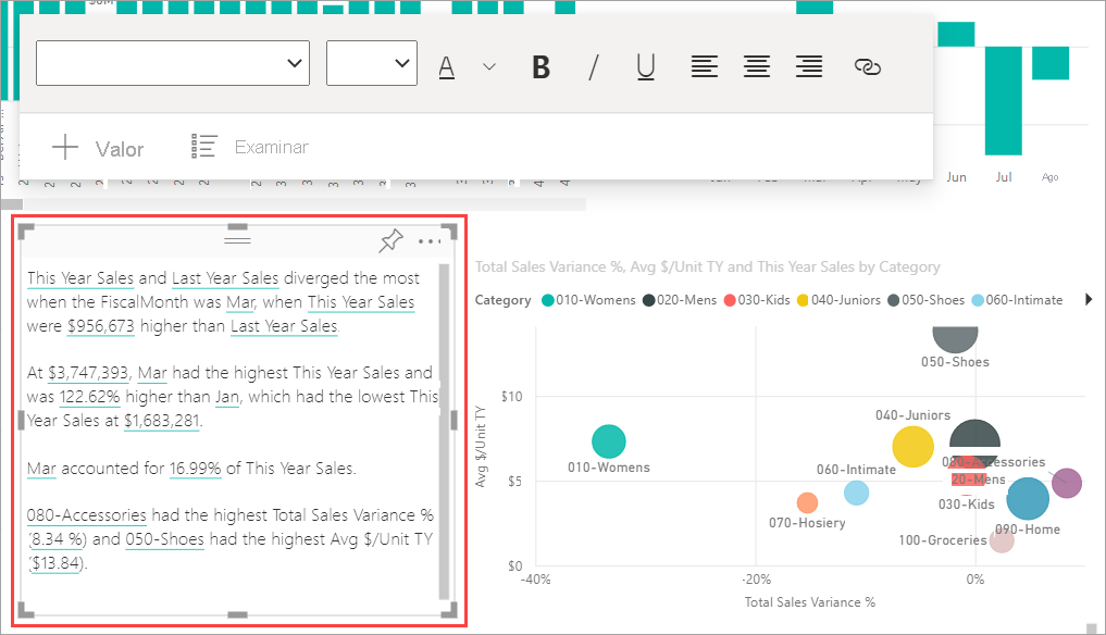 Screenshot of Power BI service, highlighting the Smart narrative text box.