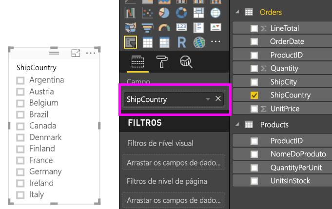 A captura de tela mostra um campo que foi adicionado à segmentação de dados no Power BI Desktop.