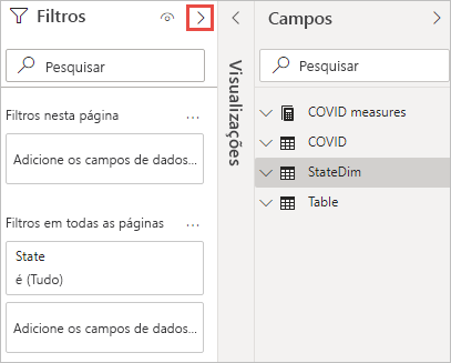 Captura de ecrã a mostrar como Expandir o painel Filtros.