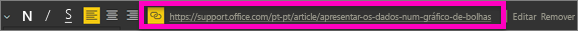 Captura de ecrã de uma caixa de texto, realçando um URL no campo de hiperligação.