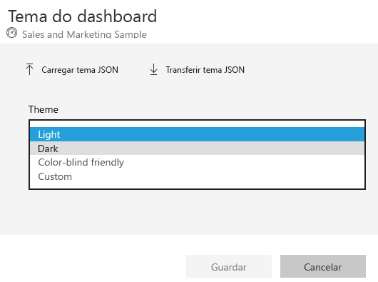 Captura de ecrã da janela temática e do menu pendente Dashboard.