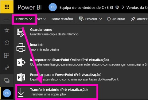 Uma captura de ecrã do menu de ficheiros no serviço Power BI, com a opção 'Transferir um ficheiro PBIX' realçada.