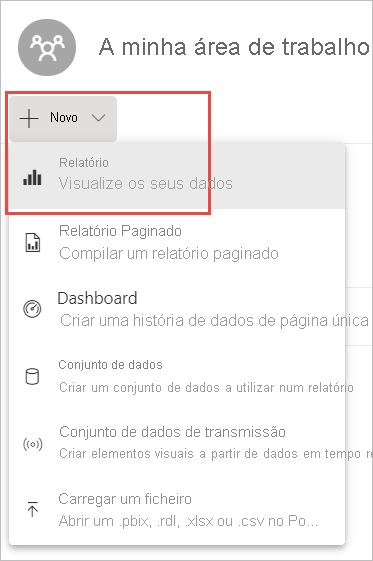 Captura de ecrã de A minha área de trabalho, realçando o menu pendente Novo e a opção Novo relatório.