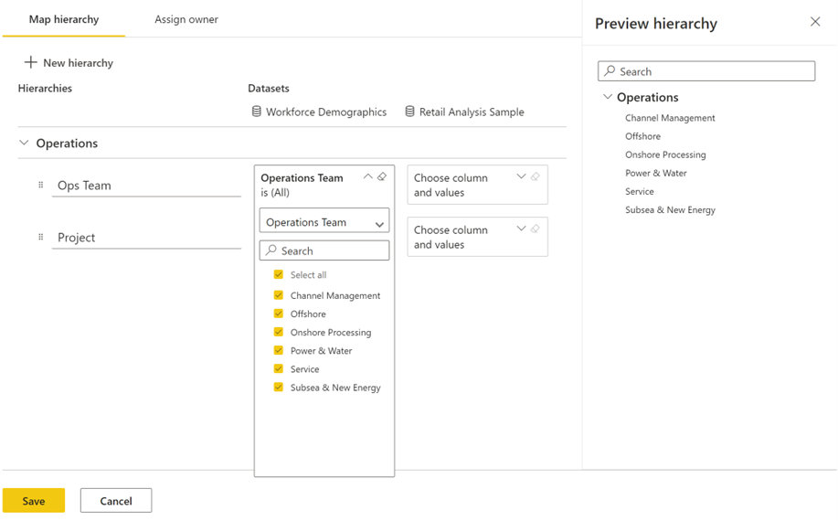 Captura de tela da interface do usuário mostrando como os usuários podem mapear níveis de hierarquia para modelos semânticos conectados.