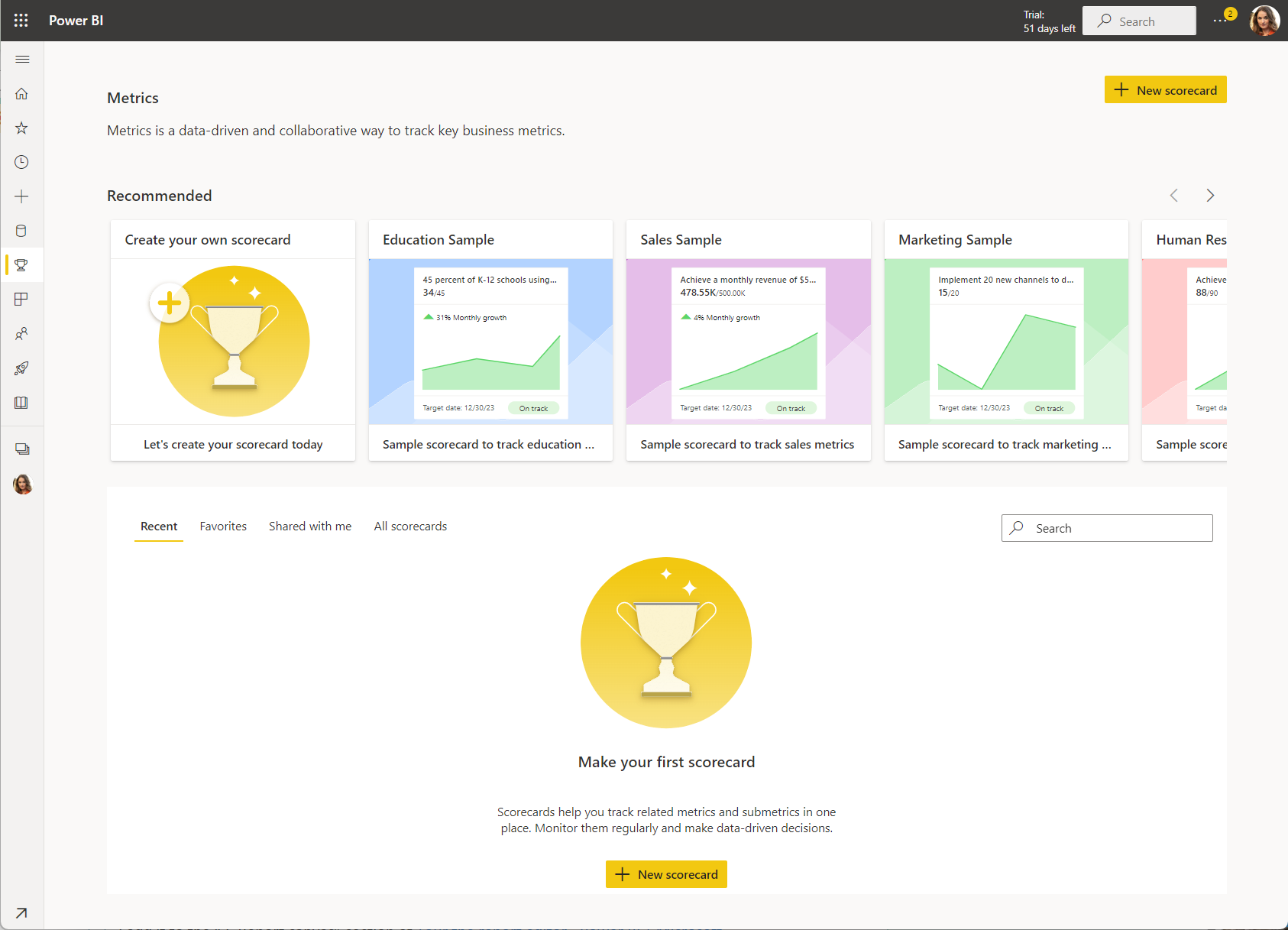 Captura de tela da nova página inicial vazia do Metrics.