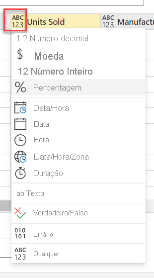 Captura de ecrã a mostrar as opções de Tipo de dados para uma coluna.