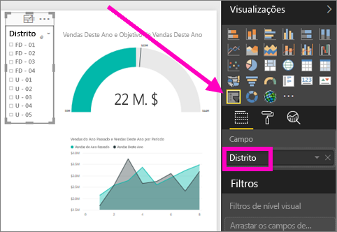 Screenshot of the slicer, highlighting District in the Visualizations pane.